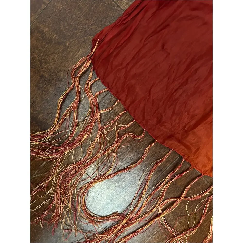 Vibrant Ombre Red-Orange Fringe Scarf, Lightweight Silky Crinkle Fabric